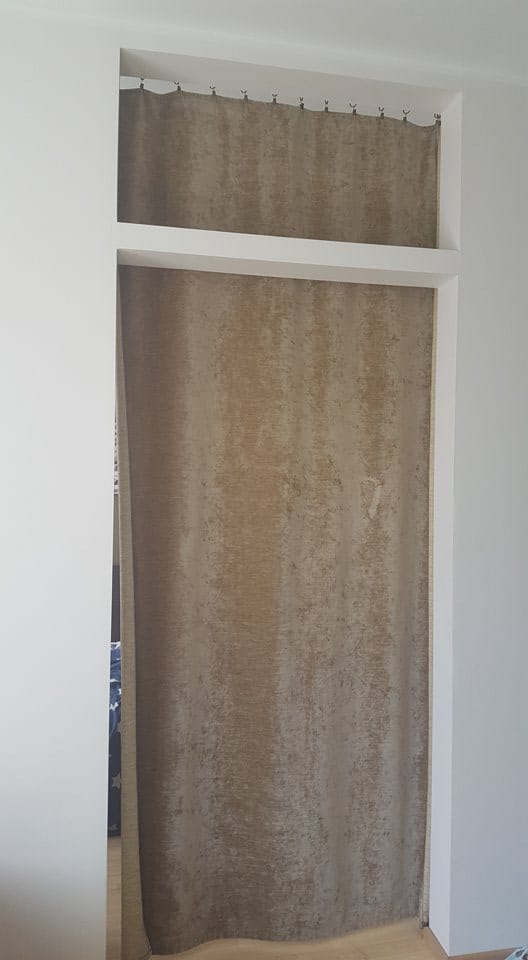 1. Cozy Curtain. 2. Beige velvet curtain for privacy and decoration at Koolrooms Tallinn. Perfect for creating a comfortable resting area.